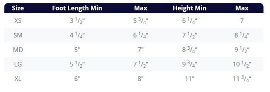 Pediatric SpryStep AFO sizes